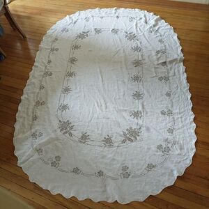 Large Tablecloth Floral Hand Embroidered Crosstitch White Tan Linen Oval 68x96"
